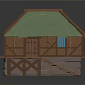 Traditional Rustic Wooden Cottage Exterior With Green Roof Blue Windows And Wooden Steps