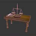 Vintage Wooden Table With Balance Scale And Scrolls As Household Items