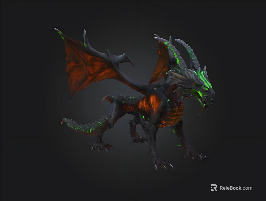Dark Mythical Dragon With Orange Wings Green Glowing Horns And Scales 3d model 