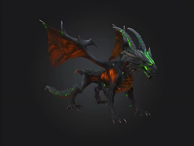 Dark Mythical Dragon With Orange Wings Green Glowing Horns And Scales 3d model