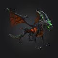 Dark Mythical Dragon With Orange Wings Green Glowing Horns And Scales