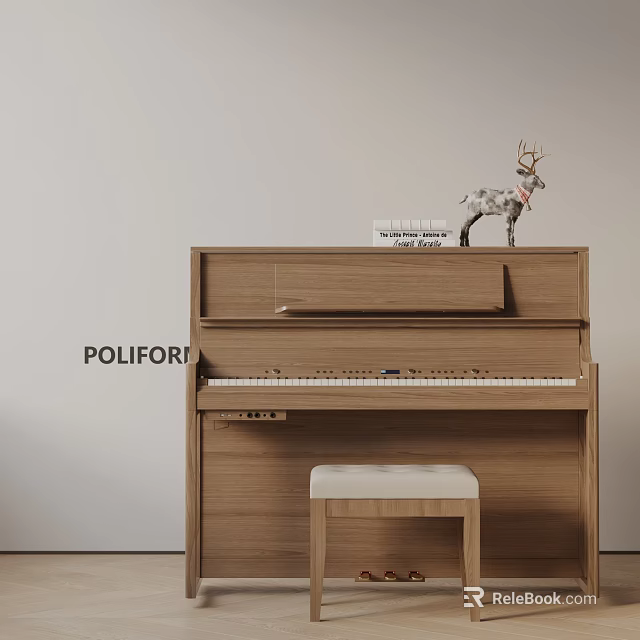 Wooden Piano With Deer Ornament Books And White Cushioned Stool POLIFOR 3d model 