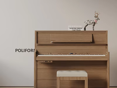 Wooden Piano With Deer Ornament Books And White Cushioned Stool POLIFOR 3d model