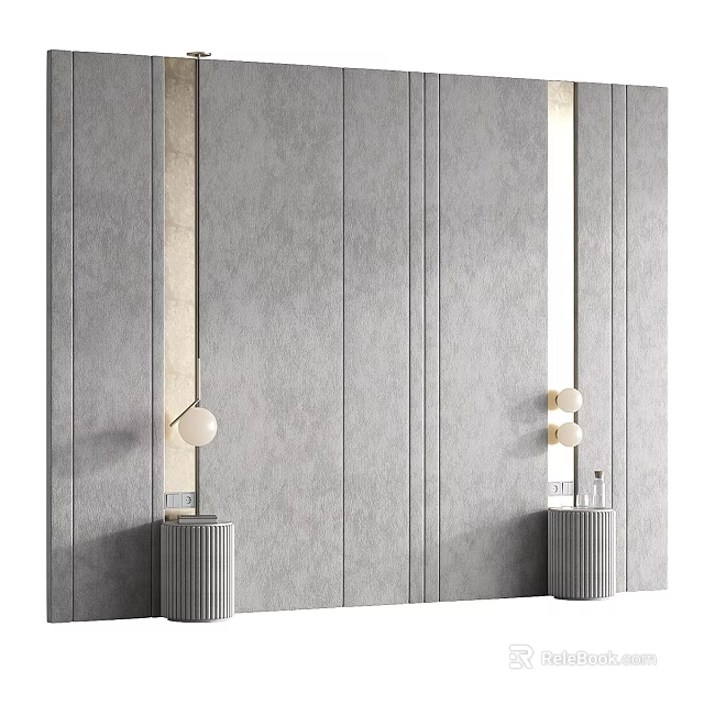 Gray Vertical Striped Sofa Backdrop Wall with Round Pendant Lights on Both Sides 3d model 