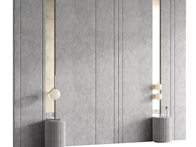 Gray Vertical Striped Sofa Backdrop Wall with Round Pendant Lights on Both Sides 3d model