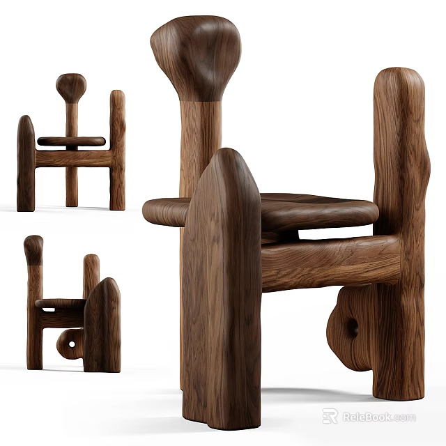 Walnut Wood Dining Chairs with Natural Grain and Unique Curved Structure Design 3d model 