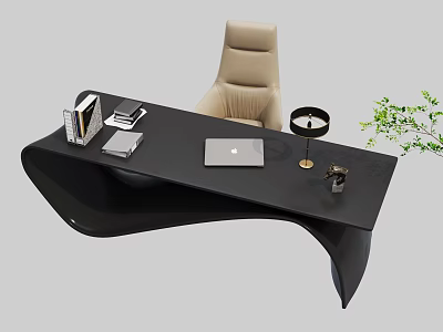 Modern Black Office Desk with Laptop Books Table Lamp Mug Beige Chair and Green Plant 3d model