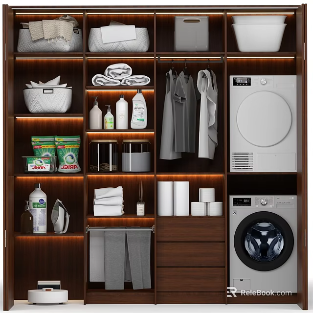 Wooden Bathroom Cabinet Rack with Shelves Towels Detergents and Laundry Appliances 3d model 