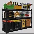 Black Multi tier Storage Shelf With Colored Bins Toolboxes And Paint Cans 3d model