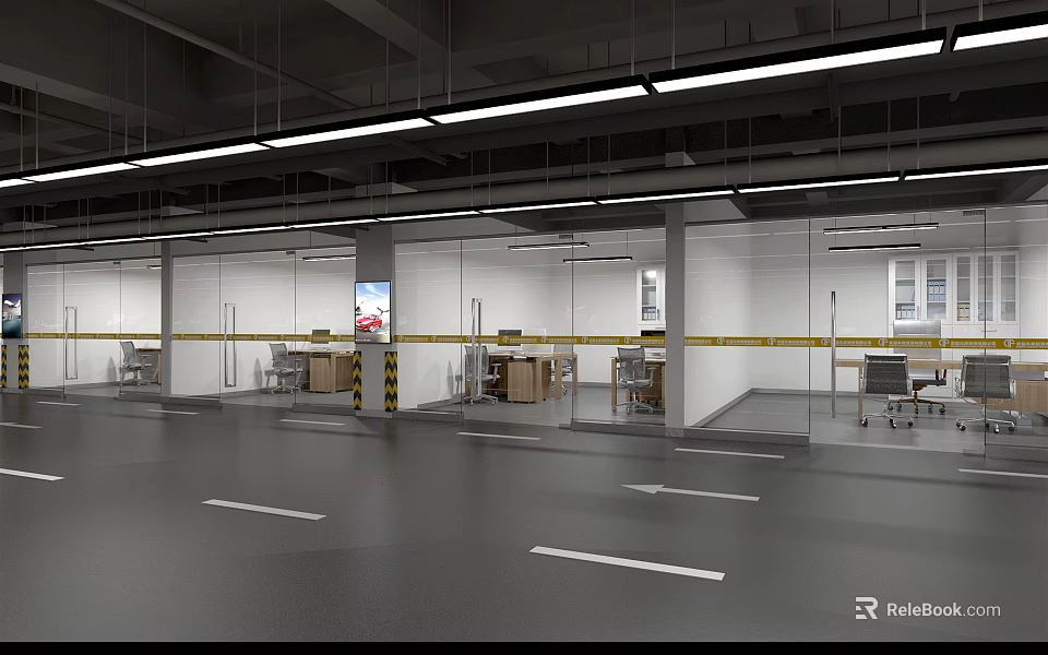 Spacious Indoor Workspace With Glass Partitions Gray Flooring White Arrow Markings And Ceiling Lights 3d model 