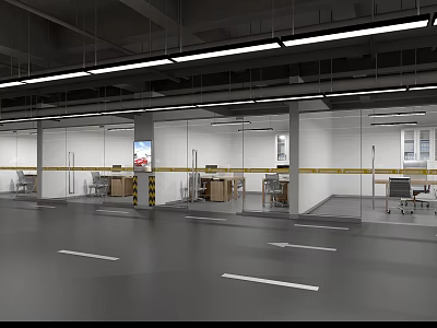 Spacious Indoor Workspace With Glass Partitions Gray Flooring White Arrow Markings And Ceiling Lights 3d model