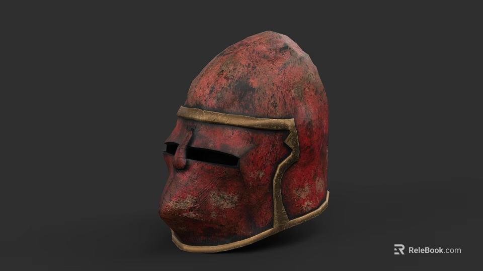 Ancient Medieval Red Helmet With Gold Trim And Rustic Texture 3d model 