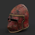 Ancient Medieval Red Helmet With Gold Trim And Rustic Texture