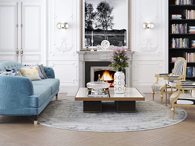 Elegant Living Room with Blue Sofa and Coffee Table Set Fireplace Rug and Decorative Painting 3d model