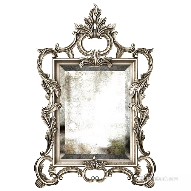 Ornate Vintage Rectangular Mirror With Intricate Carved Silver Frame And Decorative Details 3d model 
