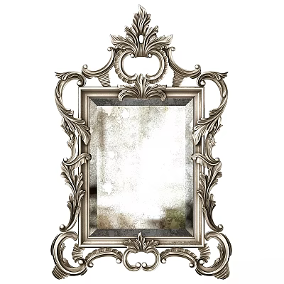 Ornate Vintage Rectangular Mirror With Intricate Carved Silver Frame And Decorative Details 3d model
