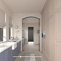 Modern Minimalist Kitchen Interior With Light Colored Cabinets Arched Doorway Windows And Sink On Countertop