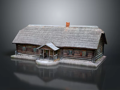 Traditional Wooden House With Thatched Roof Red Chimney And Porch Design 3d model