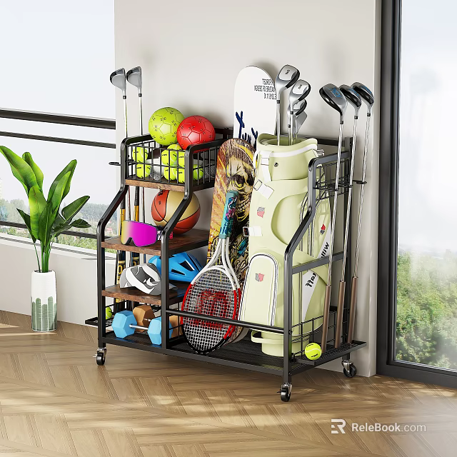Multifunctional Sports Equipment Storage Rack With Wheels Golf Clubs Basketball Tennis Rackets And Dumbbells 3d model 