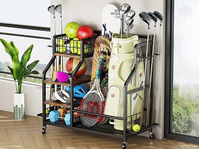 Multifunctional Sports Equipment Storage Rack With Wheels Golf Clubs Basketball Tennis Rackets And Dumbbells 3d model