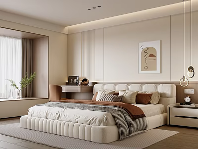 Elegant Modern Bedroom Interior With Neutral Tones Plush Bed Artwork And Pendant Lights 3d model
