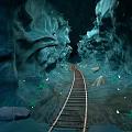 Underground Cave Interior With Long Railway Track Through Rocky Walls And Glowing Elements 3d model