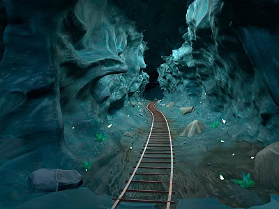 Underground Cave Interior With Long Railway Track Through Rocky Walls And Glowing Elements 3d model