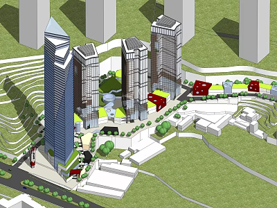 Modern Office Towers Complex With Greenery Roadways And Open Public Spaces 3d model