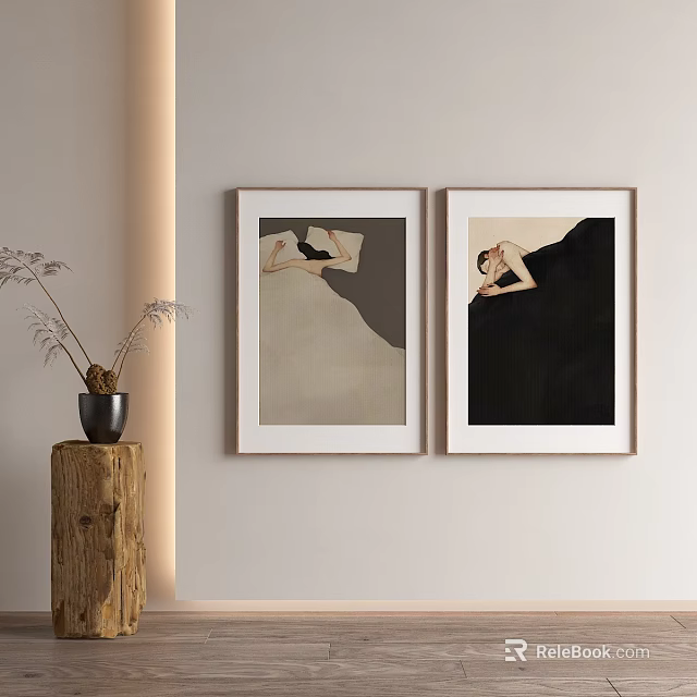 Abstract Paintings Wall Art with Minimalist Wooden Stand Vase and Dried Plants 3d model 