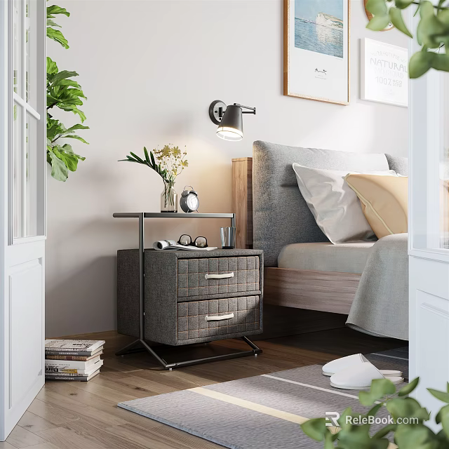 Gray Fabric Nightstand With Drawer Lamp Vase And Glasses In Modern Bedroom 3d model 