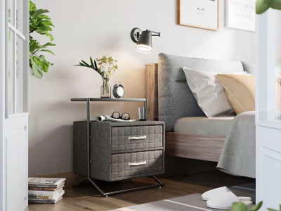 Gray Fabric Nightstand With Drawer Lamp Vase And Glasses In Modern Bedroom 3d model