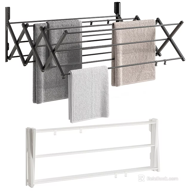 Different Colored Towels Hanging On Expandable Drying Rack And Shelf 3d model 