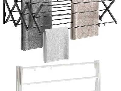 Different Colored Towels Hanging On Expandable Drying Rack And Shelf 3d model