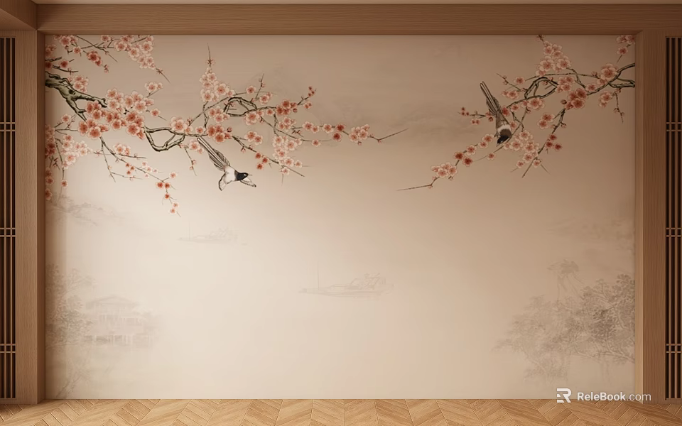 Chinese Landscape Painting With Plum Branches Red Blossoms And Black Birds On Wall 3d model 