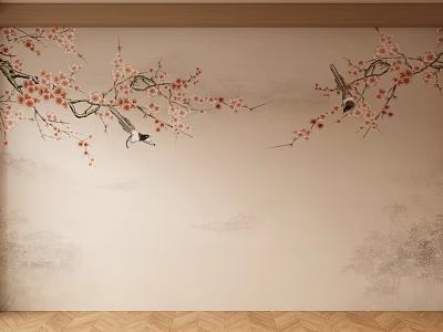 Chinese Landscape Painting With Plum Branches Red Blossoms And Black Birds On Wall 3d model