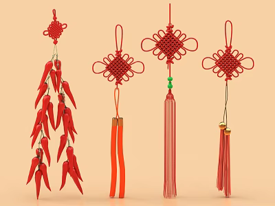 Red Chinese Knot Ornament Decoration Set with Various Designs and Decorative Tassels 3d model