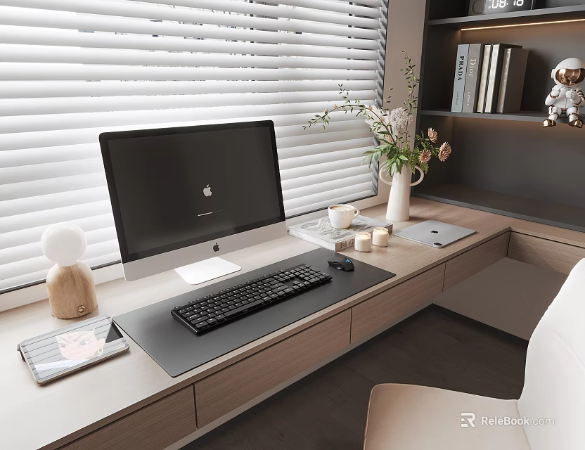 Modern Computer Workspace With Monitor Keyboard Mouse Desk Blinds Vase Flowers And Books 3d model 