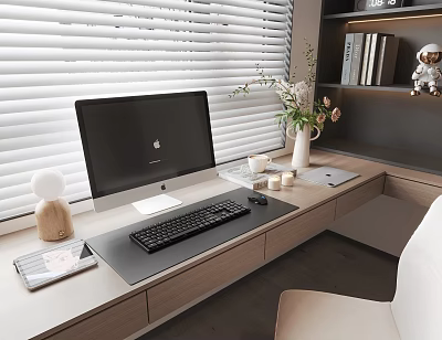 Modern Computer Workspace With Monitor Keyboard Mouse Desk Blinds Vase Flowers And Books 3d model