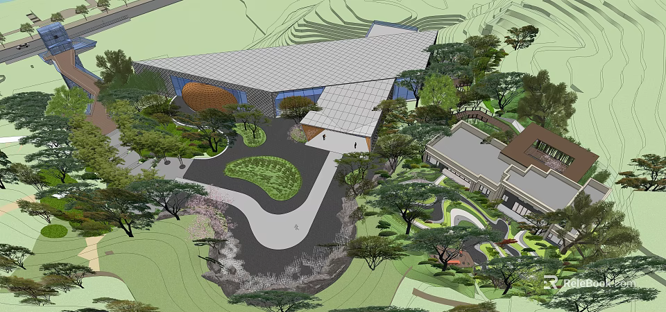 Modern Sales Office Building With Landscaped Gardens And Curved Entrance Driveway 3d model 