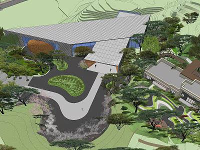 Modern Sales Office Building With Landscaped Gardens And Curved Entrance Driveway 3d model