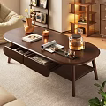 Dark Brown Wooden Oval Coffee Table With Drawers Magazines Vase With Flowers And Glass Kettle