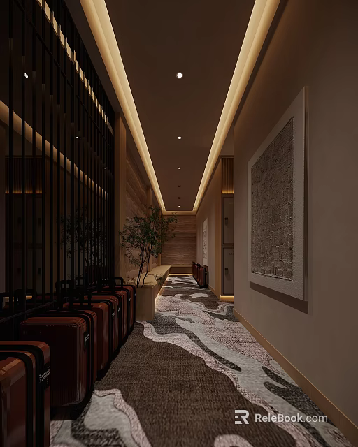 Elegant Modern Elevator Lobby With Potted Plant Chairs Patterned Carpet Decorative Painting And Ceiling Lights 3d model 