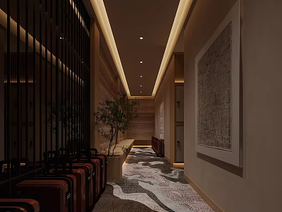 Elegant Modern Elevator Lobby With Potted Plant Chairs Patterned Carpet Decorative Painting And Ceiling Lights 3d model