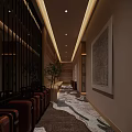 Elegant Modern Elevator Lobby With Potted Plant Chairs Patterned Carpet Decorative Painting And Ceiling Lights