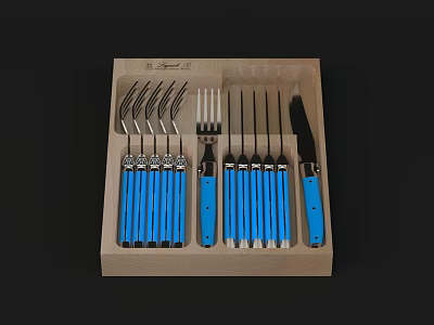 Wooden Tray with Blue Handle Cutlery Set Including Forks Knives and Kitchen Utensils 3d model