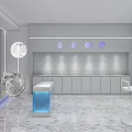 Modern Light Care Store Interior With White Shelves Blue Counter And Moon Decoration