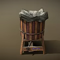 Vintage Wooden Laundry Tub With Metal Hoops And Cloth Liner On Stand