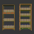 Traditional Wooden Display Shelves With Multiple Tiers And Blue Yellow Storage Boxes