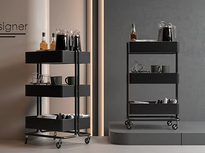 Modern Rolling Storage Racks With Three Tier Shelves For Cups Bottles Trays 3d model