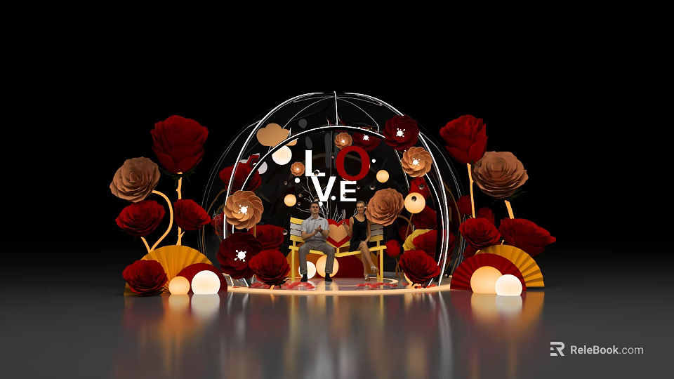 Romantic Event Setup With Circular Frame LOVE Sign Red Roses And Decorative Lights 3d model 